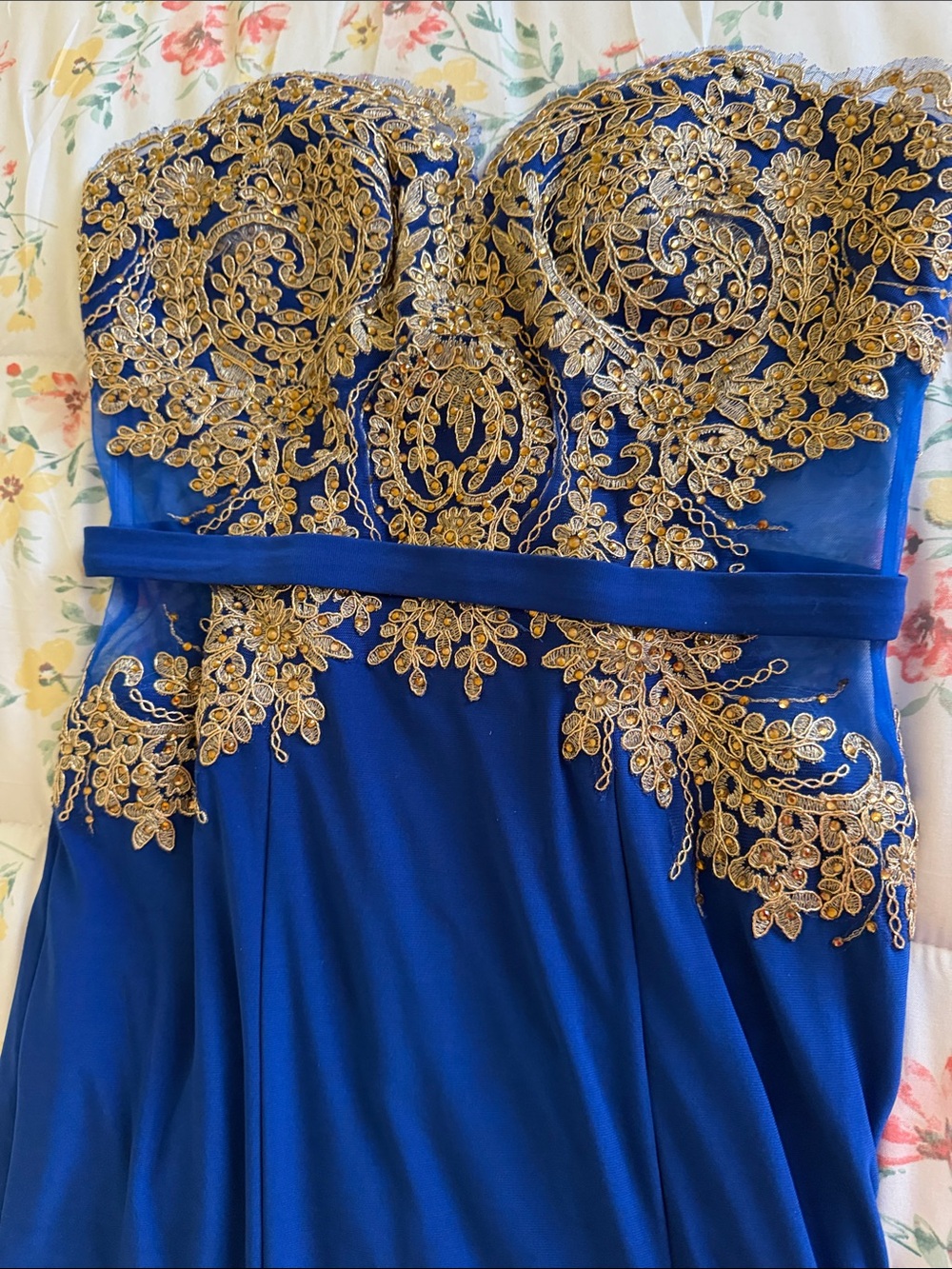 Cachet Royal Blue Strapless Gown with Gold Embroidery